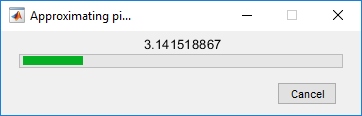 Wait bar with title "Approximating pi..." and a Cancel button. The text is an approximation of pi, and the bar length is a fraction of the full length.