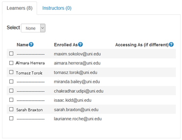 Image showing list of learner names and email addresses