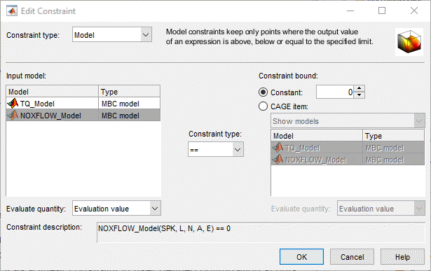Edit Constraint dialog showing dropdown for constraint type, input model list, constraint bound options, constraint type selector, and description of NOXFLOW_Model expression.
