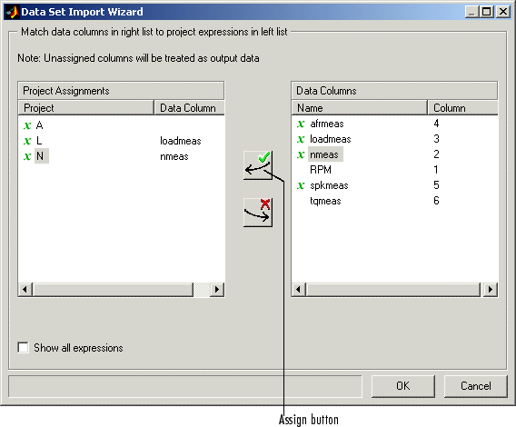 Data Set Import Wizard showing project assignments on the left and data columns on the right with assign buttons in the center.