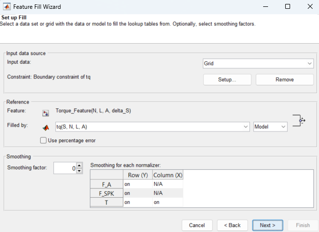 Feature Fill Wizard dialog showing input data source, reference feature, fill method, and smoothing options for normalizers.