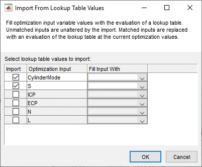 Import From Lookup Table Values dialog showing checkboxes for optimization inputs CylinderMode, S, ICP, ECP, N, and L, with dropdowns to select fill input values.