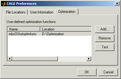 CAGE Preferences dialog showing Optimization tab with user-defined optimization function ‘mbcOStutoptimfunc’ located at ‘D:\Optimization’. Buttons for Add, Remove, Test, and OK/Cancel are visible.