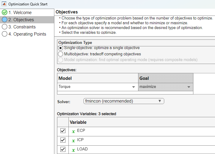 Optimization Quick Start dialog box displaying the Objectives page.
