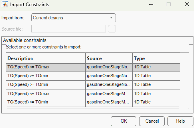 Import Constraints dialog box displaying a list of constraints to import with Current designs selected from the import from options.