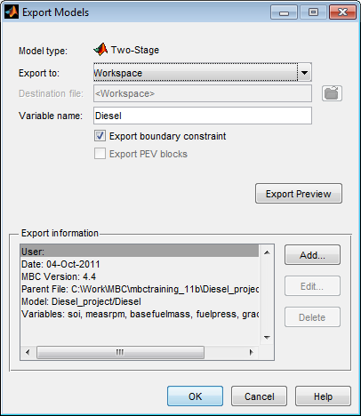 Export models dialog