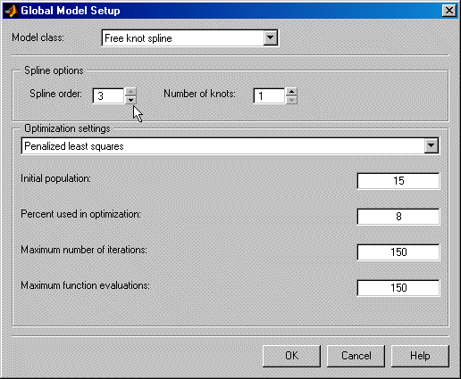 Global Model Setup window for Free Knot Spline with options for spline order, number of knots, and optimization settings like population and iterations.