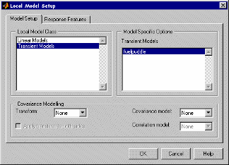 Local Model Setup dialog with options for Local Model Class (Linear or Transient), Model Specific Options showing ‘fuelpuddle,’ and Covariance Modelling settings. Buttons: OK, Cancel, Help.
