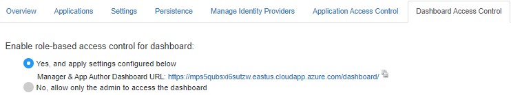 Dashboard access control tab with the option to enable dashboard access control selected and the URL to share