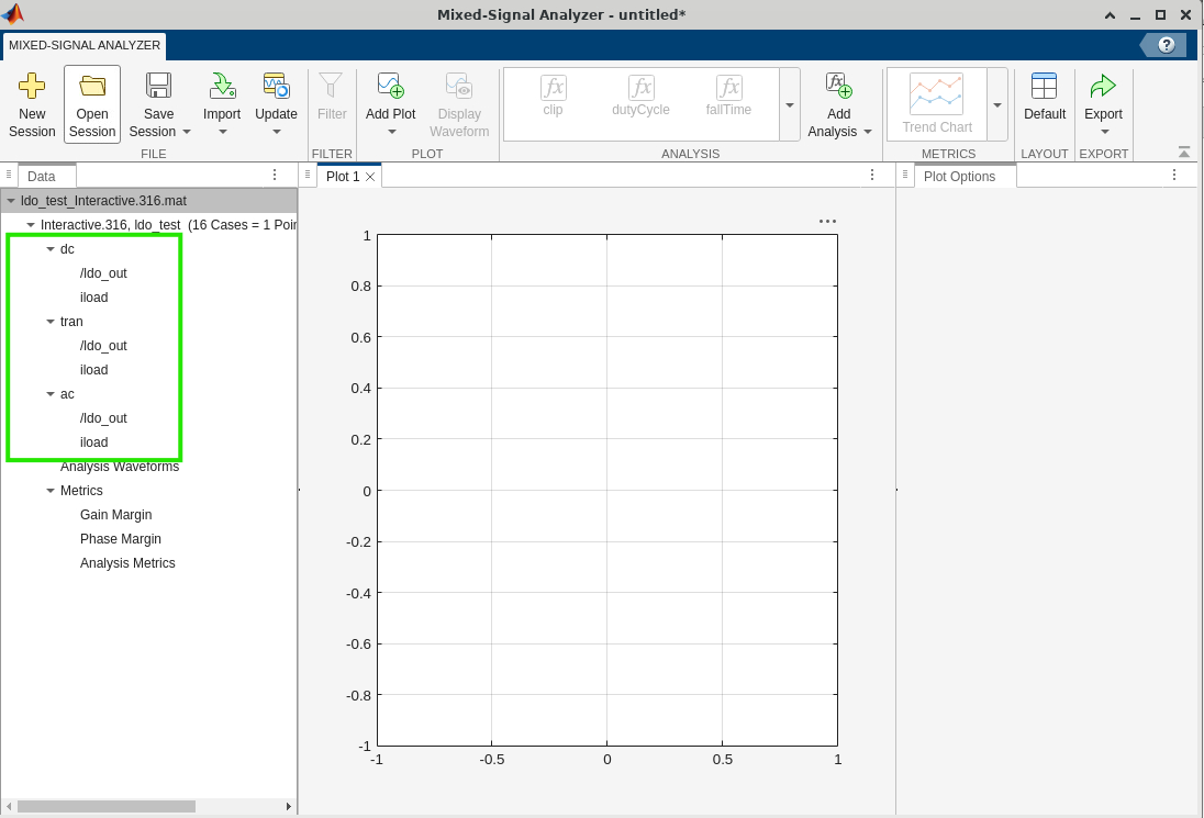 Waveform data for '/ldo_out' 'iload' signals in the Mixed-Signal Analyzer app.