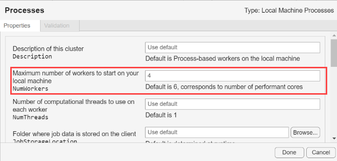Cluster Profile Manager shows the Processes profile being edited. In the Properties tab, the NumWorkers property has been changed to 4 from the default of 6, which corresponds to number of performant cores.