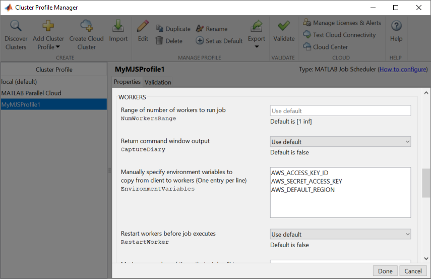 Screen shot of Cluster Profile Manager. The MyMJSProfile1 cluster profile is selected, and the Workers dialog is open.