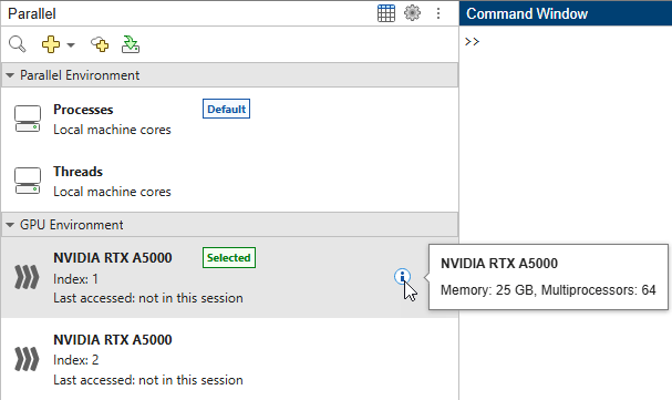 The Parallel panel, including the GPU Environment section showing a GPU device.