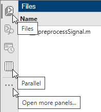 Sidebar on the left of the MATLAB desktop, showing the Files panel, the Parallel Panel, and the Open more panels button.