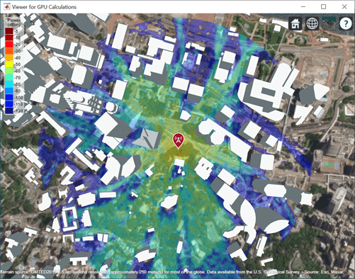 Coverage map for a transmitter site calculated using a GPU.