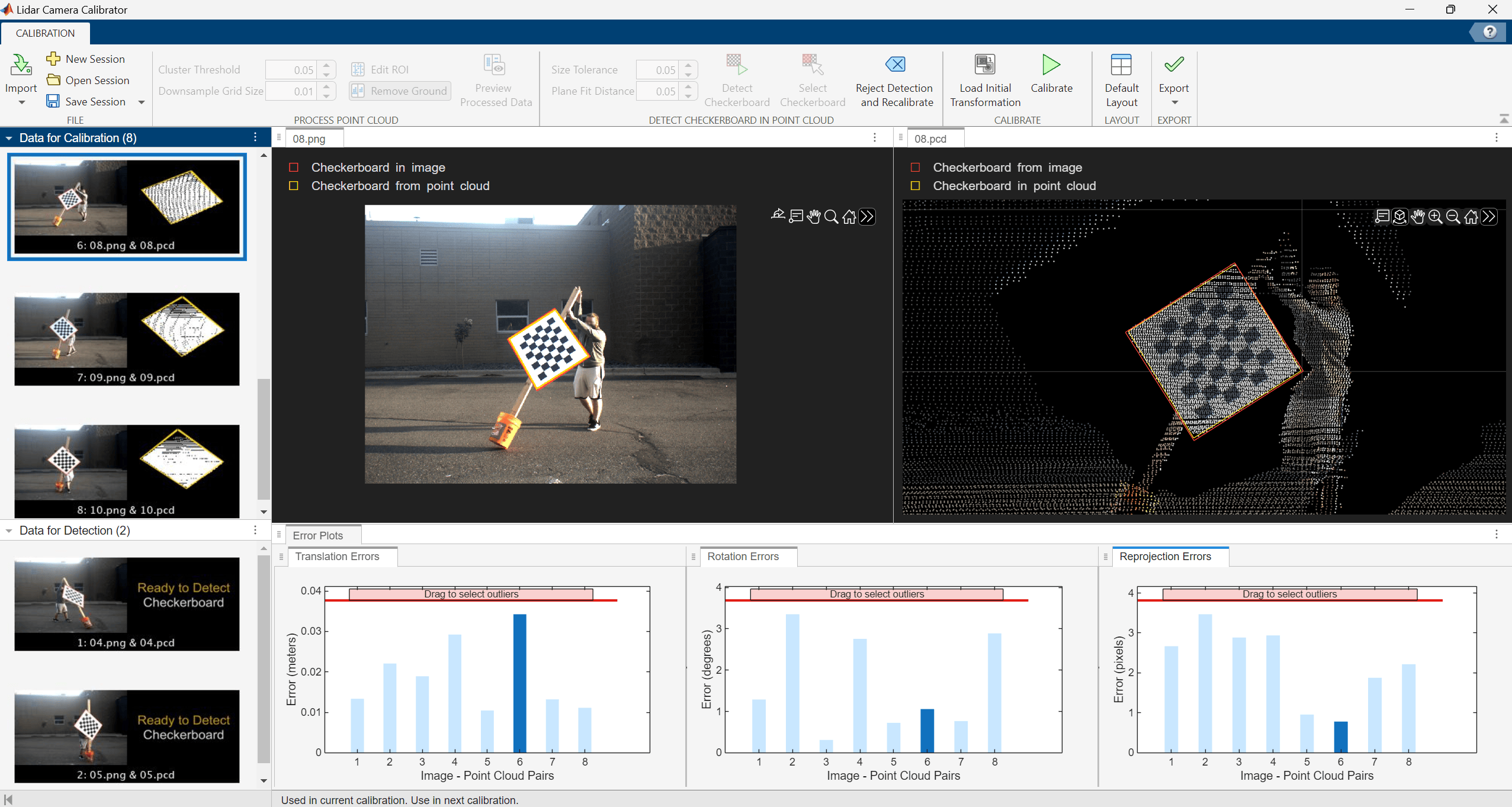 Lidar Camera Calibrator App Session