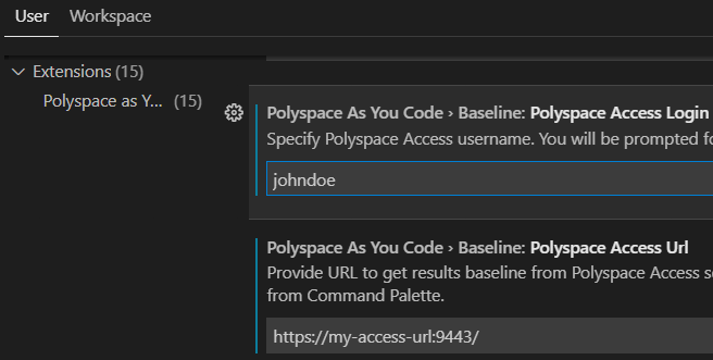 Polyspace as You Code extension settings for getting baseline