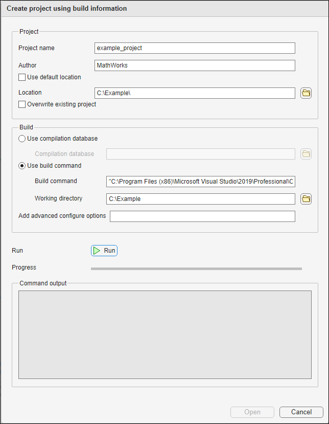 Create project using build information window with example path to visual studio environment.