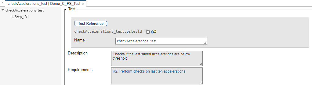 Test pane showing the test checkAccelerations_test, along with the Test Reference badge and the name of the .pstestd file containing the test.