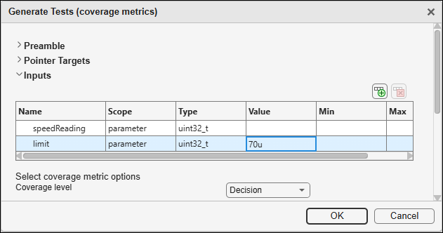 The second parameter 'limit' is fixed at 70u while values are generated for the first parameter.