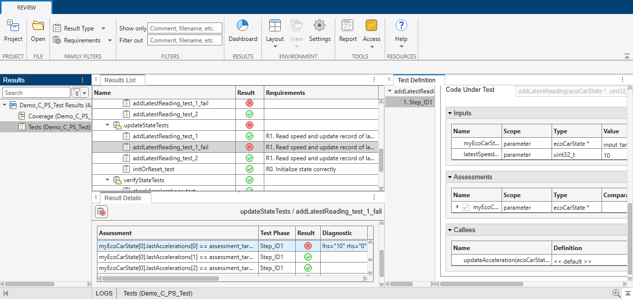 Results list showing test results in the Review perspective