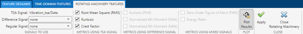 The Rotating Machinery tab contains the following sections from left to right: Signals to use, Metrics using TSA Signal, metrics using Difference Signal, Metrics Using Mixed Signals, Plot, and Apply. The disabled selections are grey.