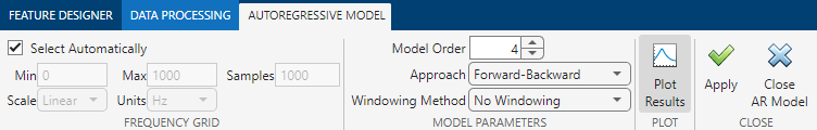 The Autoregressive tab shows four sections, from left to right, the parameters for the frequency grid, the model parameters, the plot results option, and the Apply and Close AR Model buttons.