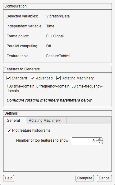 The Auto Features dialog box contains the Configuration pane on the top, the Features to Generate pane in the middle and the Settings pane on the bottom.