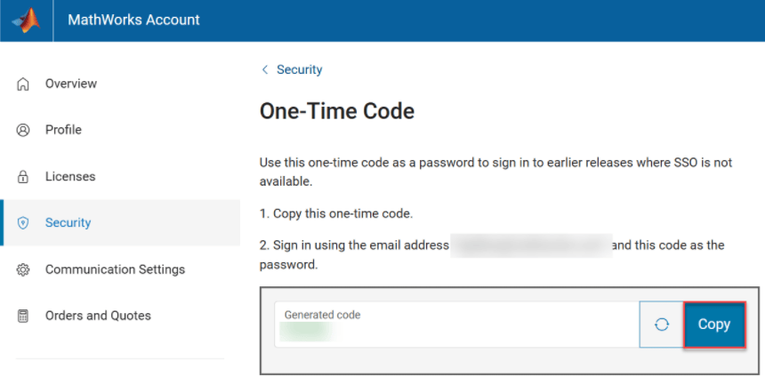 Copy the generated one-time code from the One-Time Code page.