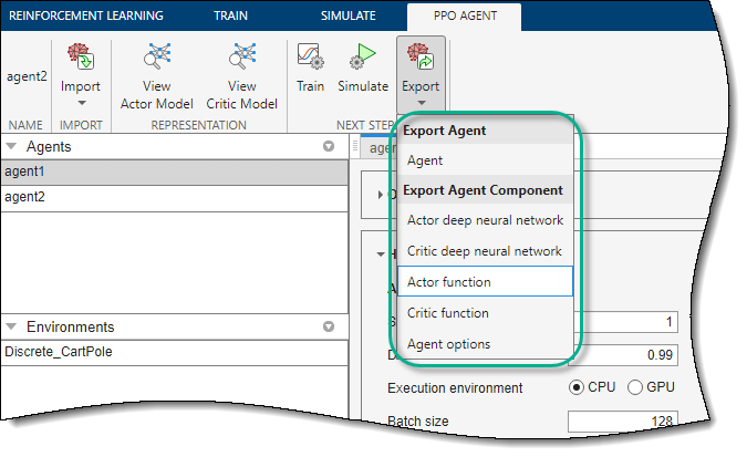 Select the agent or agent component to export to the MATLAB workspace.