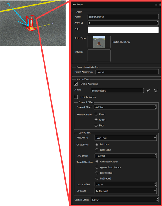 A movable object actor highlighted in the scenario, and its accompanying attributes.