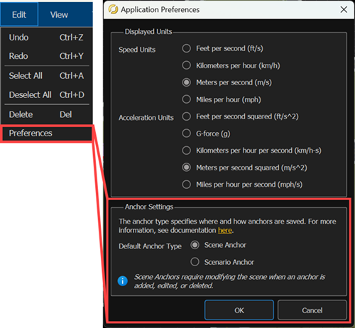 Edit menu options and the RoadRunner Scenario Application Preferences
