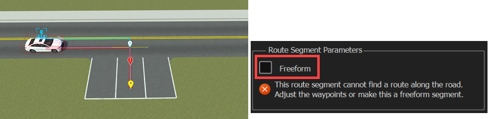 A new waypoint added to the path and the resulting error in the attributes pane. The freeform option is highlited.