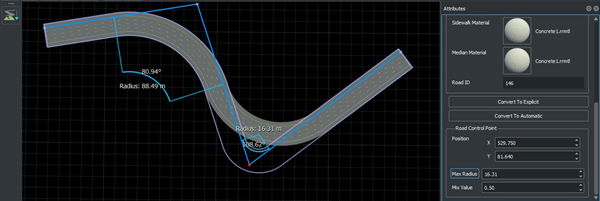 Road with control point selected and the Max Radius attribute adjusted