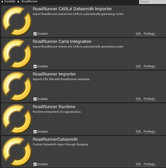 Unreal Plugins window with RoadRunner Carla Integration and RoadRunner Importer plugins enabled
