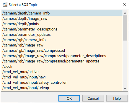 "Select a ROS Topic" dialog that displays the list of topics variable on the ROS network.