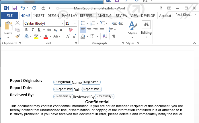 Main report template open in a Word editor