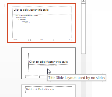 Tooltip says "Title Slide Layout: used by no slides".