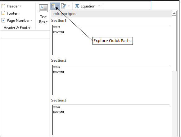 Word template with Explore Quick Parts button selected and called out with a label