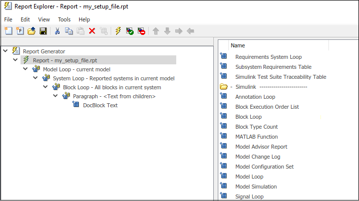 Setup file containing a hierarchy of a Model Loop, System Loop, Block Loop, Paragraph, and Documentation components