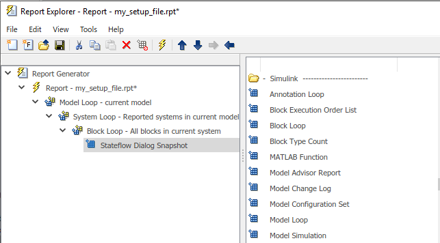 Setup file containing a hierarchy consisting of a Model Loop, System Loop, Block Loop, and Stateflow Dialog Snapshot component