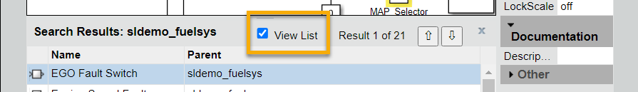Model search results user controls. The View List checkbox is highlighted by a red box.