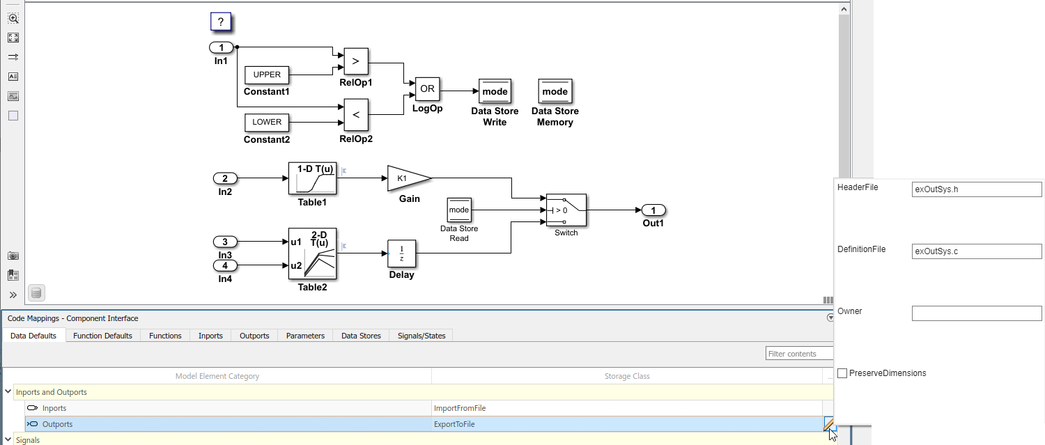 Code Mappings editor with Data Defaults tab selected, Inports and Outports tree node expanded, and storage class for Outports set to ExportedGlobal.