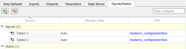 Code Mappings editor with Signals/States tab selected and Signals tree node expanded, listing signals Table1:1 and Table2:1.