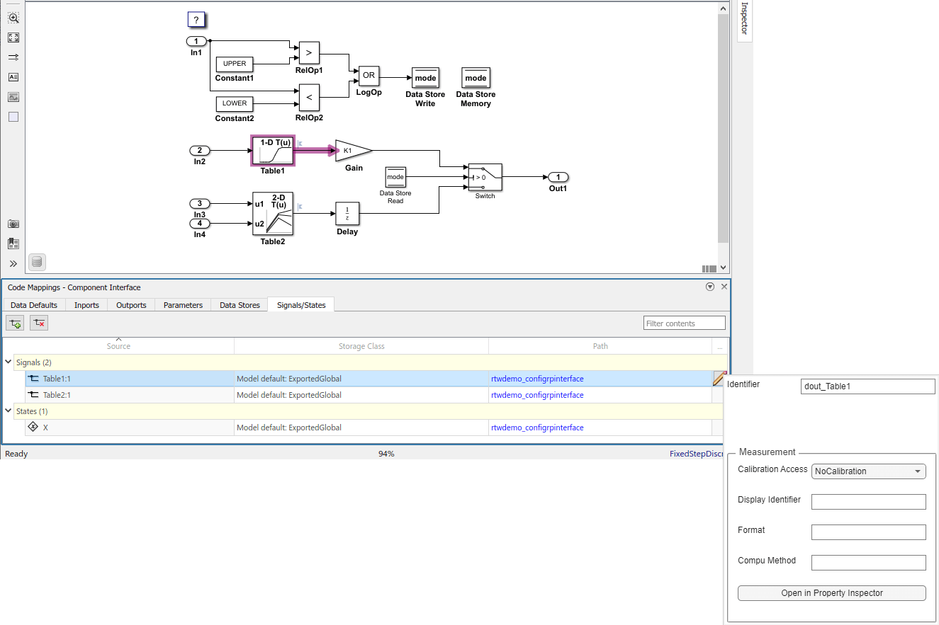Code Mappings editor with Signals/States tab selected, Signals tree node expanded, and storage class for signals Table1:1 and Table2:1 set to Model default: ExportedGlobal. Mapping Inspector shows Identifer property for signal Table1:1 set to dout_Table1.