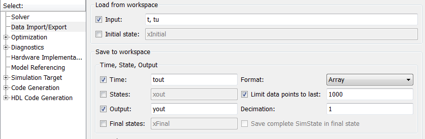 Entering input data in Model Configuration Parameters dialog box on Data Import/Export pane