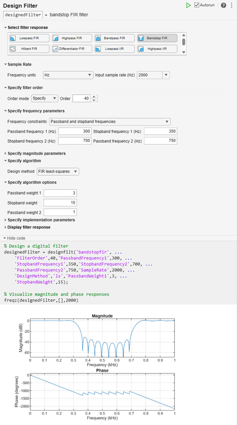 Bandstop FIR filter design using Live Editor task