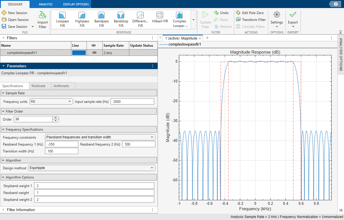 Complex lowpass FIR filter design using Filter Designer app