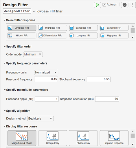 Design Filter Live Editor task showing Lowpass FIR filter response