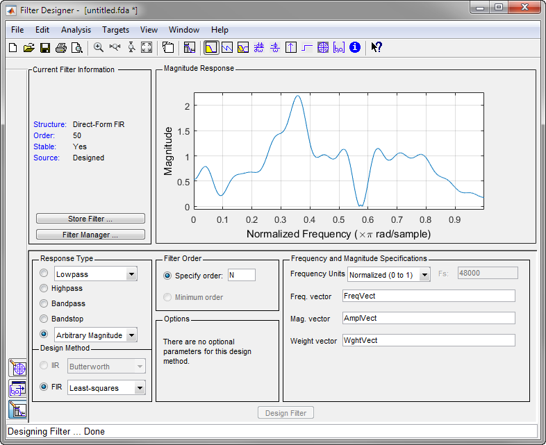 Arbitrary-magnitude filter design and visualization using Filter Designer App